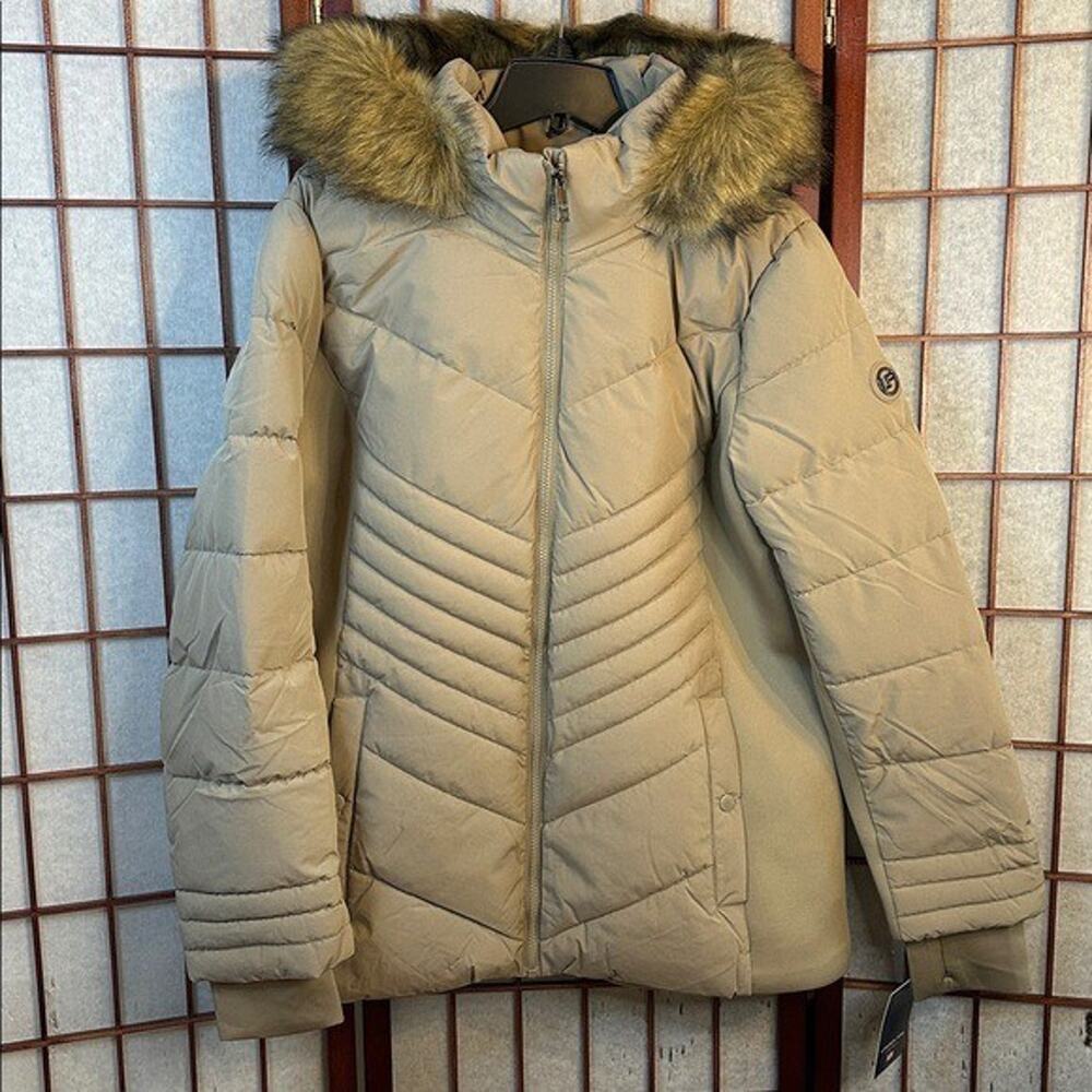 London Fog Women's Beige Outerwear Jacket quilted Faux Fur Trim winter XL NWT